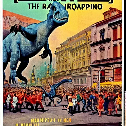 Prompt: dinosaur revolution on the streets of budapest 1 9 5 6, colored time magazine cover art, highly detailed illustration