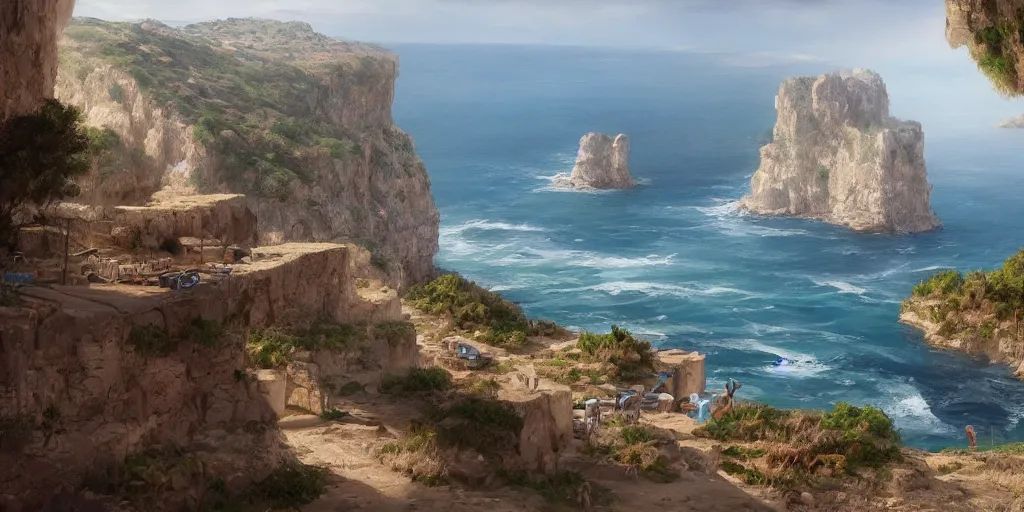 Image similar to looking out a car dash window to see the road to a mediterranean phoenician fishing village, over a chalk cliff, highly detailed, digital painting, artstation, concept art, sharp focus, illustration, art by artgerm and greg rutkowski and raphael lacoste and magali villeneuve