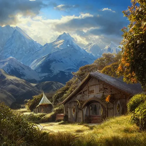 Image similar to a lord of the rings village in large new zealand landscape, shiny colors, high - key lighting, beautiful composition, intricate, elegant, pro photography by, highly detailed, art by artgerm and greg rutkowski and alphonse mucha