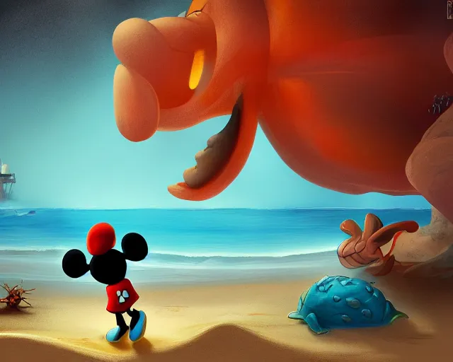 Prompt: Mickey mouse sitting next to terrifying sea creatures on a creepy beach, digital art, by Daniel Conway, super detailed, artstation