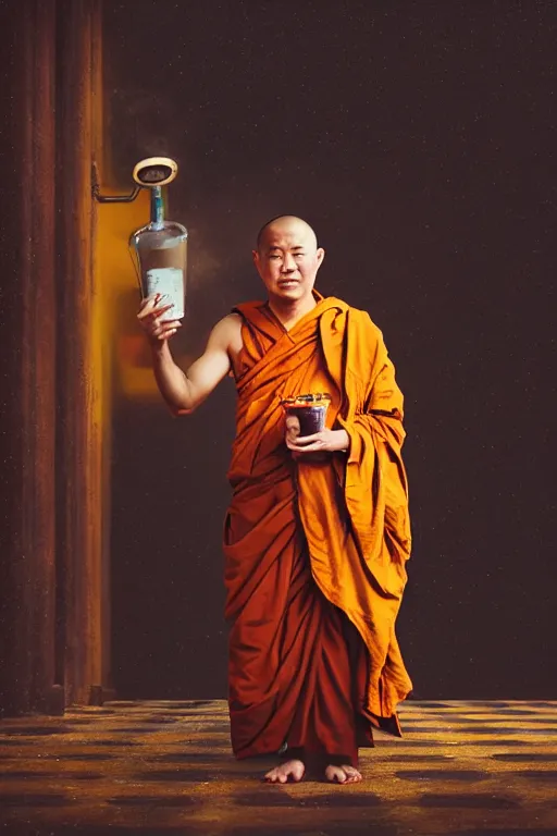 Image similar to highly detailed potrait of buddhist monk with liquid gold coming out of in his mounth by stanley kubrick and tooth wu and wlop and beeple