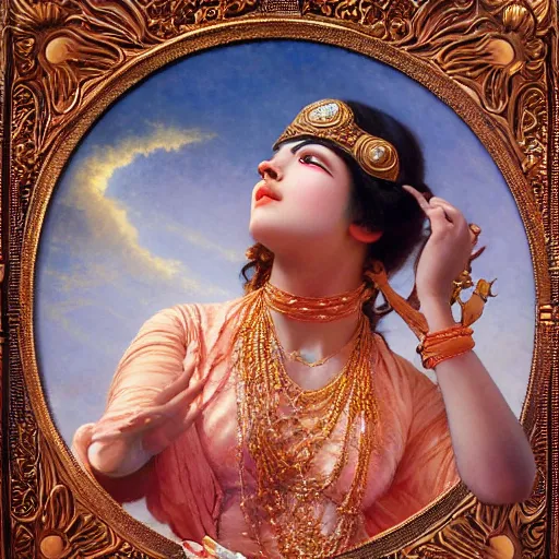 Image similar to detailed full body of hindu traditional woman blindfolded high - tech vr headset waliking risky thin bridge in sky in baroque style, girl graceful,, painting by gaston bussiere, craig mullins, j. c. leyendecker, lights, art by ernst haeckel, john william godward, hammershøi,,