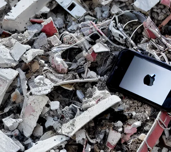 Image similar to an iPhone smartphone in the rubble, ruins.