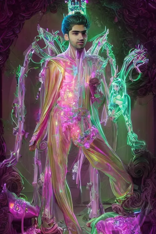 Image similar to full-body rococo and cyberpunk delicate neon crystalline sculpture of (((muscular slender prince Zayn Malik))) as an iridescent humanoid deity wearing a thin see-through ((plastic hooded cloak)) sim roupa (holding a human skull), reclining con (las piernas abiertas), glowing pink face, crown of (((white lasers))), large diamonds, swirling black silk fabric. futuristic elements. oozing glowing liquid, full-length view. space robots. intricate artwork by caravaggio. Trending on artstation, octane render, cinematic lighting from the right, hyper realism, octane render, 8k, depth of field, 3D