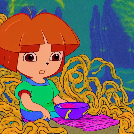 Prompt: Dora the explorer eating ramen noodles. cinematic, cartoon, detailed, under water, vegitation, psychedelic, dramatic lighting, trending on deviantart