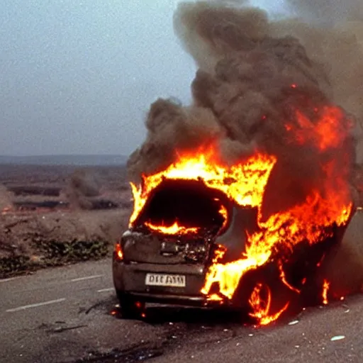 Prompt: movie still of a burning car from the series radebank,