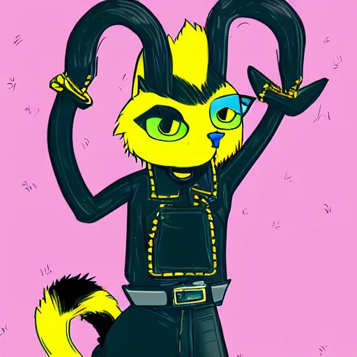 Image similar to a cute cartoon cat with a collar and a yellow mohawk mane, defiant and beautiful, andro, detailed, mechanic punk outfit, digital illustration