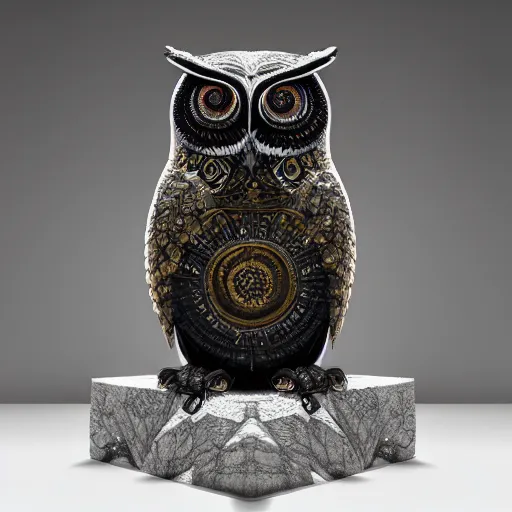 Prompt: Symmetrical painting of a fractured obsidian greek statue of an owl fixed with kintsugi, rendered in octane trending on cgsociety. Extremely detailed and intricate art