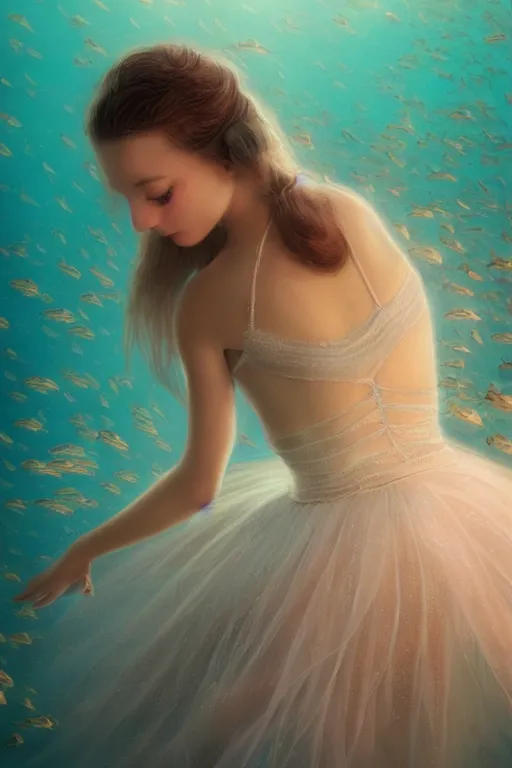Image similar to stunningly beautiful, ballerina at the bottom of the great barrier reef by jaques cousteau, smooth, focus, highly detailed, hyper realistic, dramatic lighting, intricate, concept art, art by wlop
