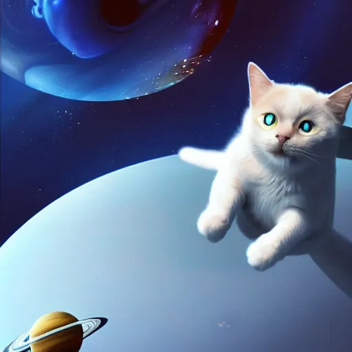 Prompt: A cat with beautiful blue eyes in a space suit jumping over the Saturn planet, digital illustration, concept art, 8k, trending on artstation, highly detailed