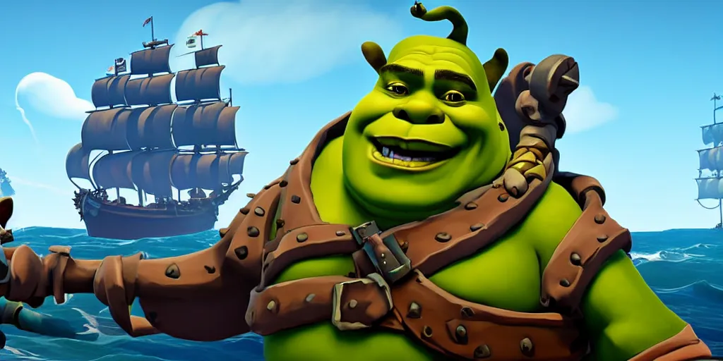 Image similar to selfie of shrek as a sea of thieves character, sea of thieves screenshot, storm, unreal engine, digital art