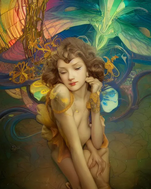Image similar to the most wonderful fairy dream you ever had, coherent design, symmetry, concept art, trending on artstation vivid color, complementary color, golden ratio, detailed, sharp lines, intricate, rainbowshift, by james gurney, by brian froud, by peter mohrbacher, by alphonse mucha, by maxfield parrish, by karol bak, deviantart, octane render