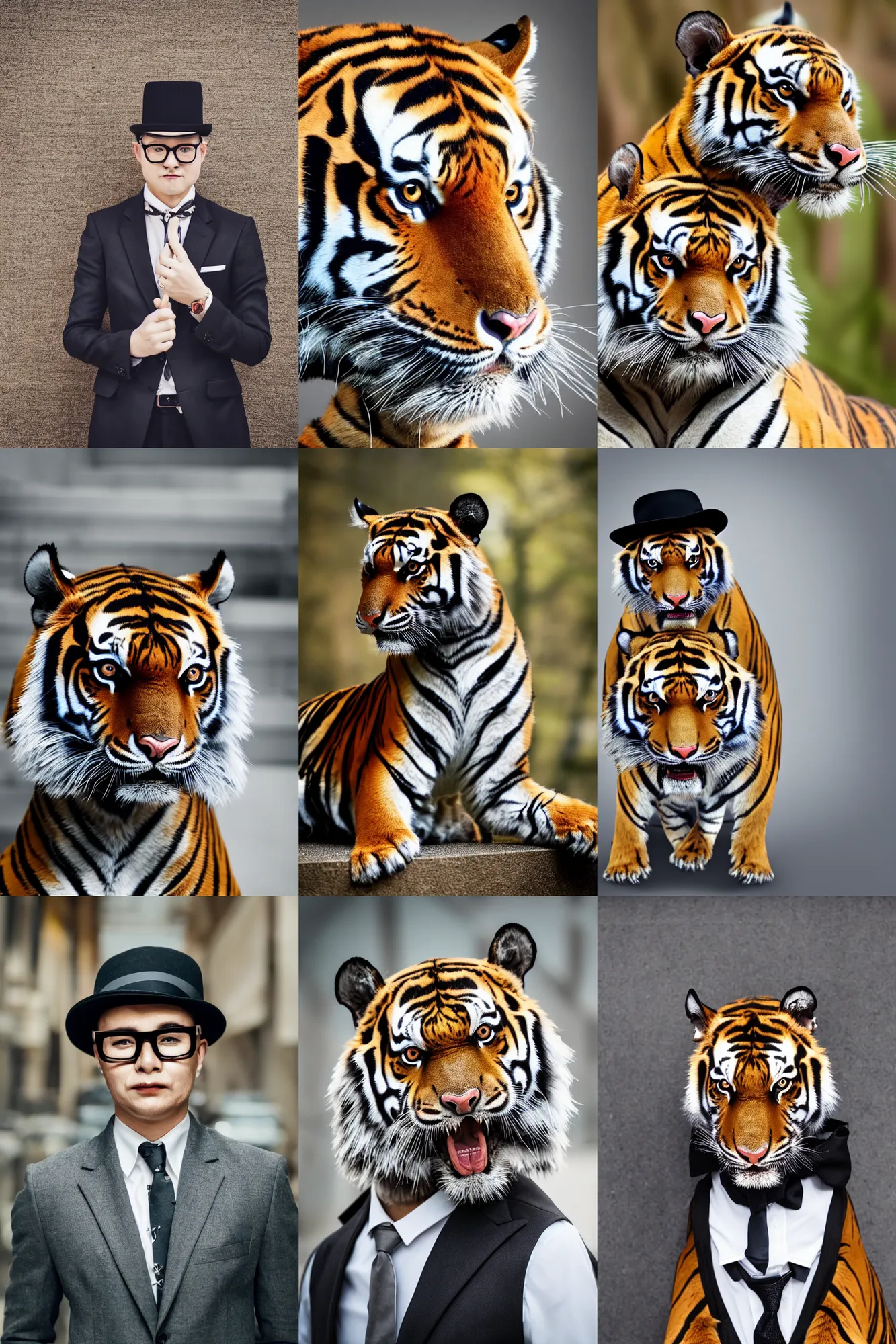 Prompt: high quality portrait photo of a !mature tiger! dressed in a business suit and tie, wearing bowler hat, !stylish spectacles!, !!Anthropomorphic!!, photography 4k, f1.8 bokeh, 4k, 85mm lens, sharp eyes, looking at camera