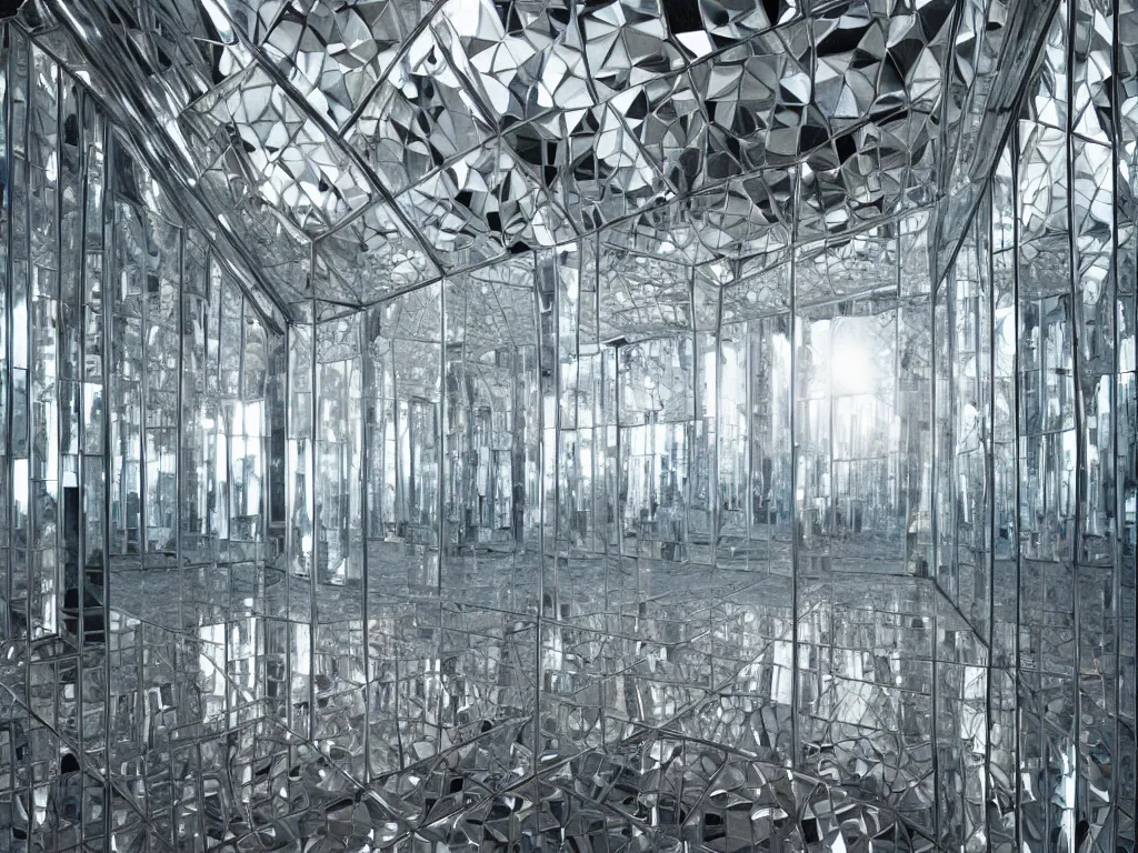 Image similar to mirrored room, mirrored walls, mirrored floor, mirrored ceiling, hyper realistic, highly detailed, sharp focus, depth of field, photography, natural light, ultra detailed, photorealistic, wow it is incredible, by brian sum and annie leibowitz, artstation