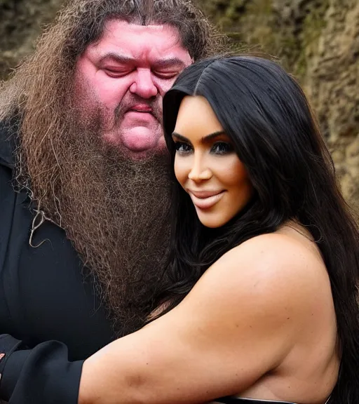 Prompt: hagrid hugging kim kardashian, holding her waist, in a derelict grotto