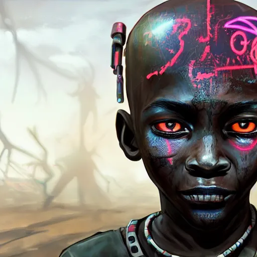 Image similar to a dark and ominous cyborg african child soldier with glowing eyes and tribal facial scarification, neon graffiti, Apex Legends character digital illustration portrait design, by android jones and greg rutkowski in a cyberpunk voodoo style, retrowave color scheme, detailed, cinematic lighting, wide angle action dynamic portrait