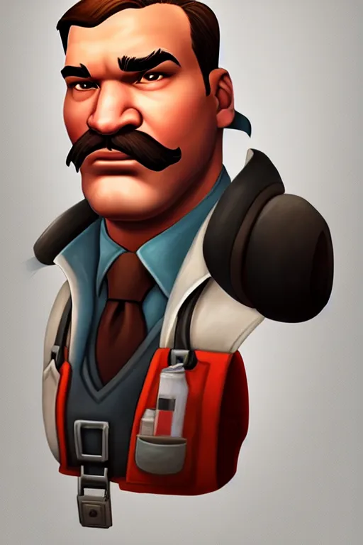 Image similar to beautiful highly detailed realistic stylized character portrait team fortress 2 medic, detailed character art master portrait, trending on artstation