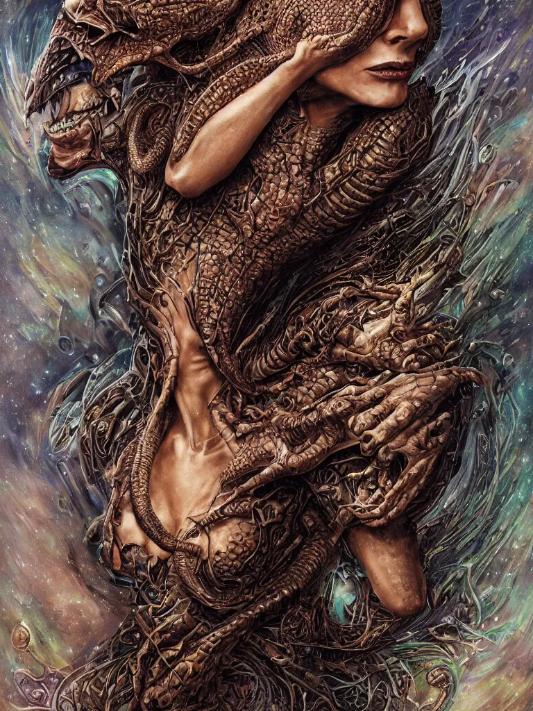 Image similar to uncut centered coherent realistic fullbody portrait with only one face. complex hyper-maximalist overdetailed cinematic cosmic scifi portrait of an elegant very attractive but wild and dangerous reptilian goddess by andrei riabovitchev, tomasz alen kopera, oleksandra shchaslyva. Omnious intricate. Secessionist portrait illustration. Poison goddes. Slightly Reminds to poison ivy. Focus on face. Artstation. Deviantart. 8k 4k 64megapixel. Rendered by binx.ly.