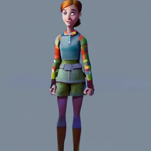 Image similar to a 3 d concept art of a armed sci - if girl by pixar studio.