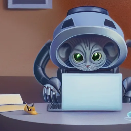 Image similar to cute alien robot cat working at computer, detailed painting in the style of ralph mcquarrie 4 k