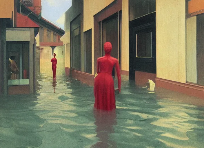 Image similar to woman with mohawk dressed in transparent plastic bags, on flooded street Edward Hopper and James Gilleard, Zdzislaw Beksinski, highly detailed