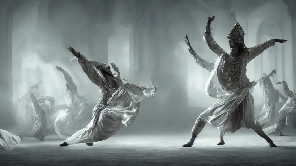 Image similar to tyrkisk sufi dance, sufi, arabic words, bysintine, gothic, 4 k, smokey, michael whelan, peter mohrbache, giovanni paolo panini style epic, volumetric light, insanely detailed, unreal engine render, artstation trends, hyper detail, epic art style, cinematic, concept art, soft white gold lights