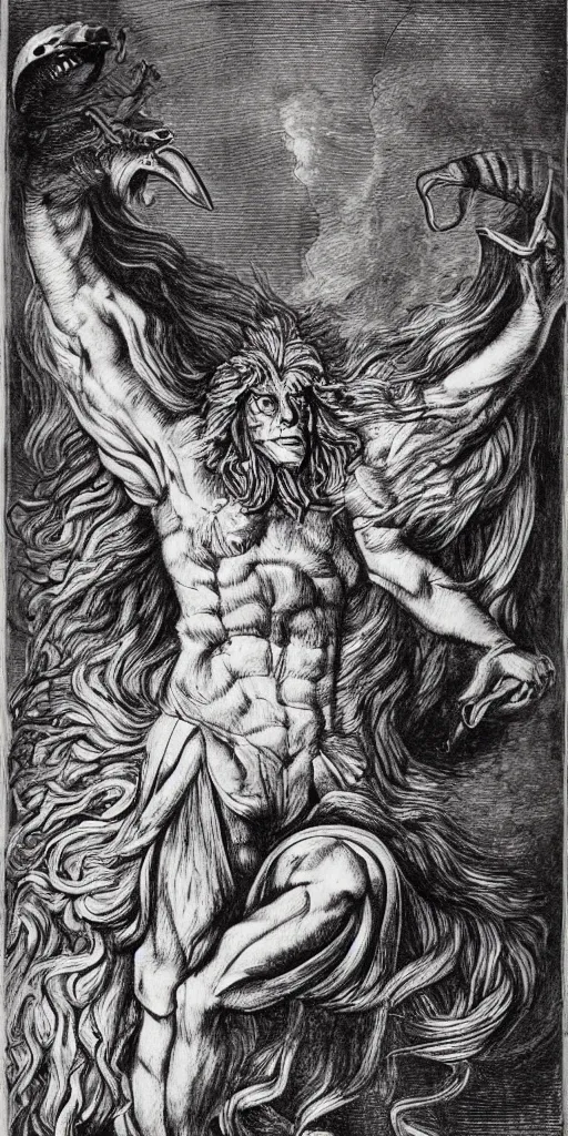 Image similar to human / eagle / lion / ox hybrid. horns, beak, mane, human body. drawn by da vinci