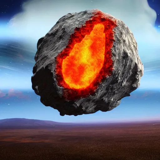 Image similar to Gigantic red-hot meteorite crashes into living planet, fantastic landscape, fantasy, hyperrealism, no blur, 4k resolution, ultra detailed-i