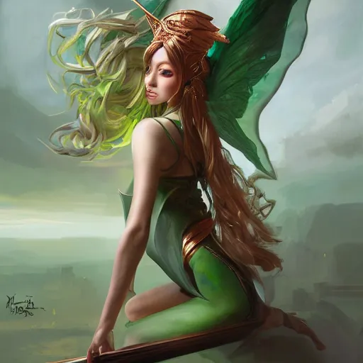 Image similar to A masterpiece portrait of a copper princess menacing girl with tall green amazing egypt wig with bat wings. trending on artstation, digital art, by Stanley Artgerm Lau, WLOP, Rossdraws, James Jean, Andrei Riabovitchev, Marc Simonetti, Yoshitaka Amano