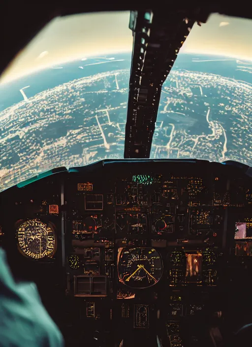 Prompt: a 2 8 mm macro photo from the back of a pilot in the cockpit of an airplane, splash art, movie still, bokeh, canon 5 0 mm, cinematic lighting, dramatic, film, photography, golden hour, depth of field, award - winning, anamorphic lens flare, 8 k, hyper detailed, 3 5 mm film grain