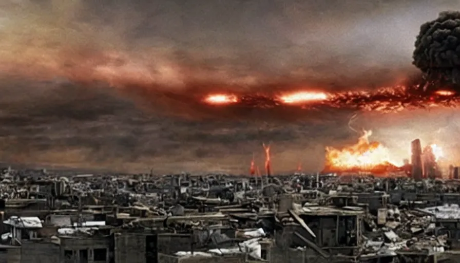 Image similar to big budget action movie about a nuclear explosion destroying a city