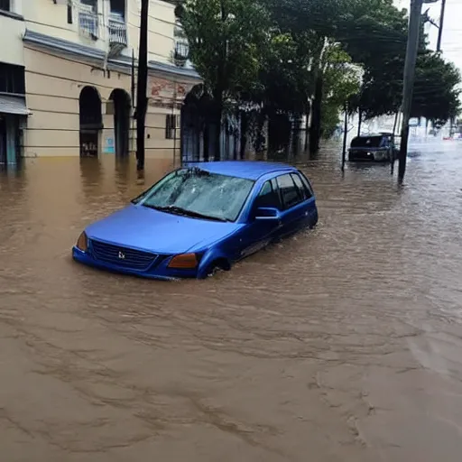 Prompt: city is flooded by heavy rain. A car is middle of the street flooded.