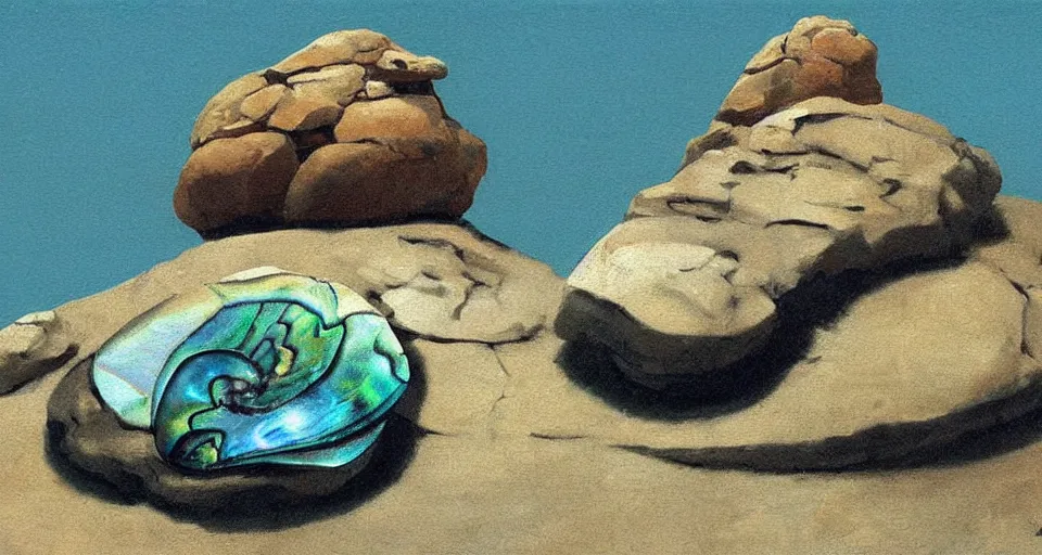 Image similar to oil painting of a tiny abalone seashell house on top of a rock, by roger dean, syd mead, cell shaded graphics, concept art, minimalist