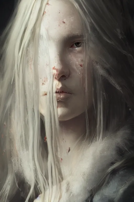 Prompt: a fancy portrait of a beautiful young teenage ripped girl with long white hair by greg rutkowski, sung choi, mitchell mohrhauser, maciej kuciara, johnson ting, maxim verehin, peter konig, bloodborne, 8 k photorealistic, cinematic lighting, hd, high details, dramatic, dark atmosphere, trending on artstation