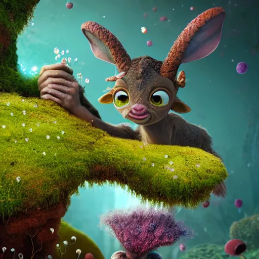 Image similar to tiny satyr, moss, floating, rbc, radiolaria, protophyta, micro - organisms, center frame, symmetric, rim light, marine microbiology, underwater, bioluminescence, electric, soft, concept art, intricate details, highly detailed, colorful, photorealistic, disney pixar, octane render, iridescent