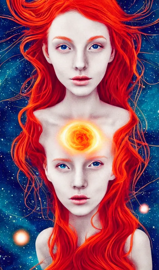 Image similar to tarot card of space astral girl, red hair, ginger hair, fantasy, glowing skin, smooth face, perfect eyes