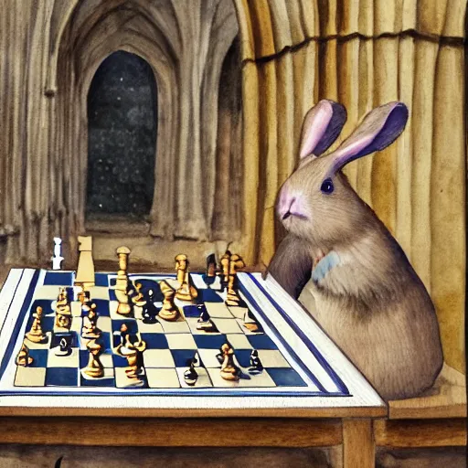 Image similar to a guinea pig and a rabbit playing chess in a cathedral, watercolour