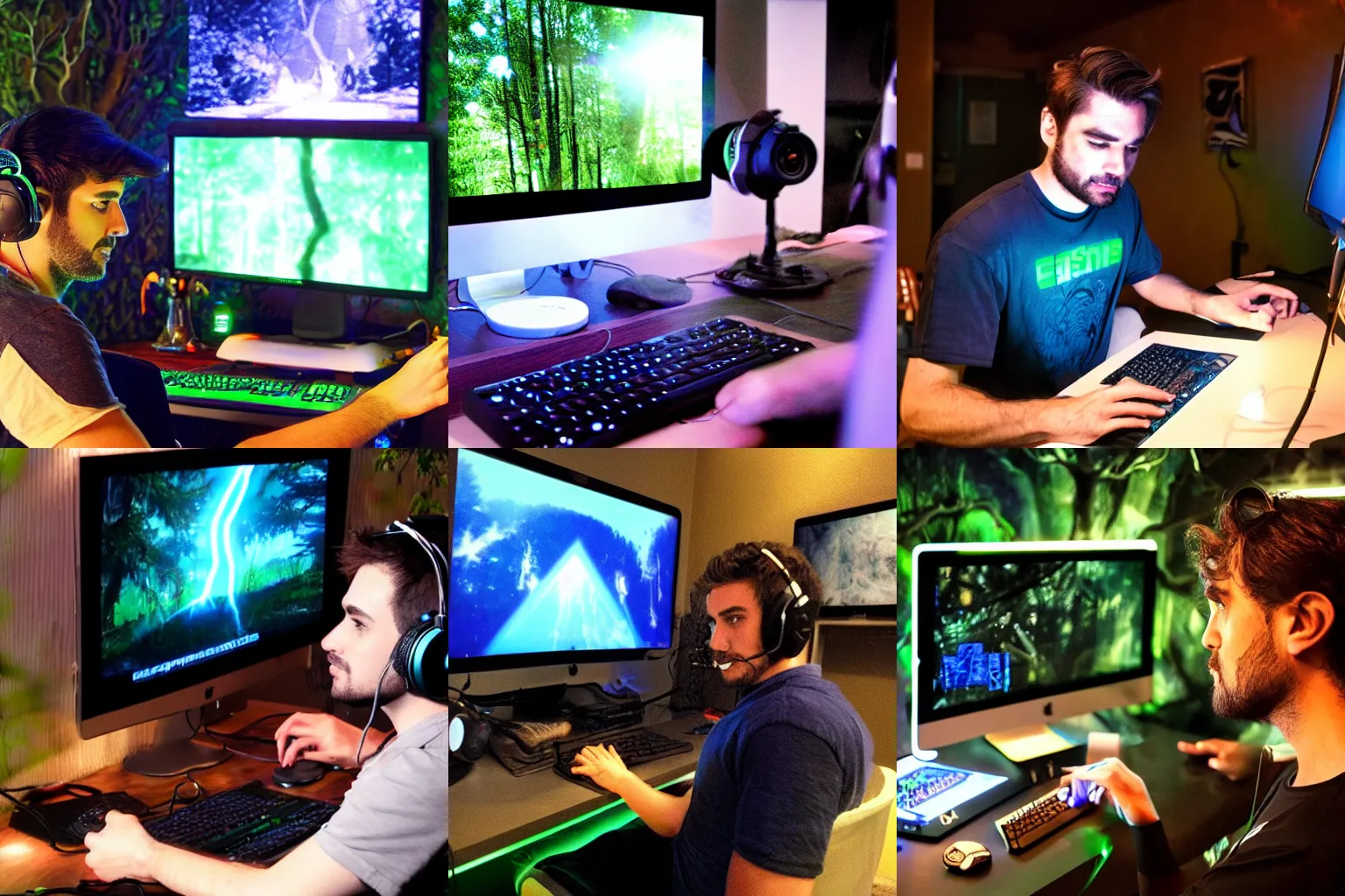 Prompt: a professional photo of vinny vinesauce streaming and playing computer games from an enchanted forest, sharp lightning, very detailed, backlighting, iphone 4 k, wide lens