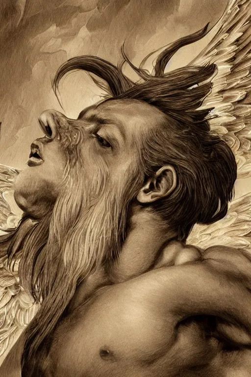 Prompt: God with a Chihuahua's head, a radiant halo and wings, detailed face, gorgeous, flowing hair, very muscular male body, partial anatomy, stormy and grand war scene, delicate and intricate borders for decoration, caesar victorious, proud Emperor, split lighting, character close-up, intricate, highly detailed, 8K, digital painting, fantasy, concept art, sharp focus, art by greg rutkowski beeple and alphonse mucha