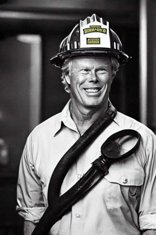 Image similar to kevin tighe wearing a fireman helmet with the number 5 1 on it, standing in a fire laughing