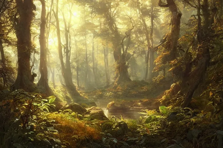 Image similar to painting of a beautiful forest landscape, sunshine, summer, warm, concept art, intricate details, eerie, highly detailed, photorealistic, octane render, 8 k, unreal engine. art by artgerm and greg rutkowski and alphonse mucha