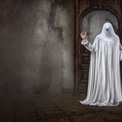 Prompt: ominous bedsheet ghost with cutout eyeholes walking through an old destroyed building, oil painting, gloomy misty atmosphere, symmetrical, full body image, highly ornate intricate details, very sharp photo,