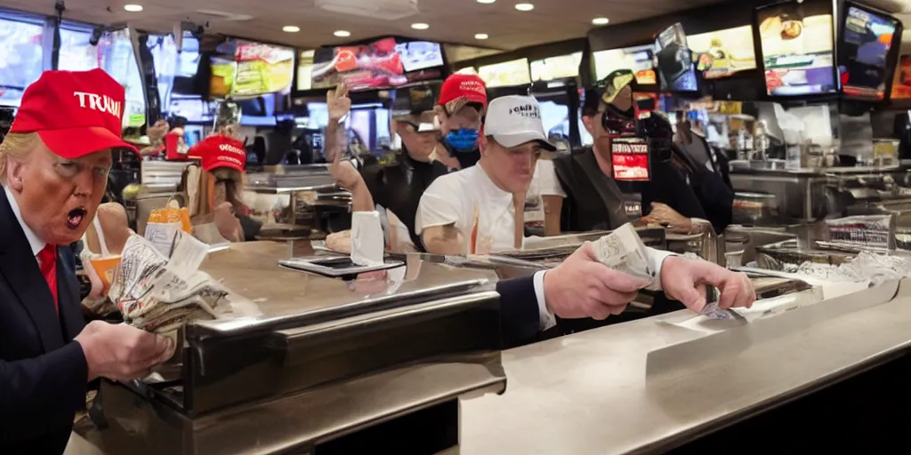 Prompt: trump working the register at a fast food restaurant