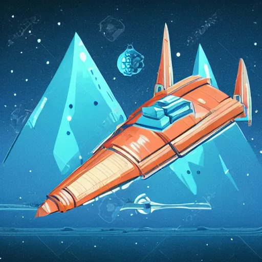 Image similar to very detailed spaceship on an ice planet, gradient background, retro science fiction vintage art