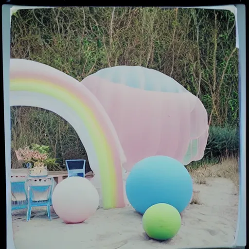 Image similar to a pastel colour high fidelity Polaroid art photo from a holiday album at a seaside with abstract inflatable parachute furniture (((((and spheres))))), all objects made of transparent iridescent Perspex and metallic silver, no people, iridescence, nostalgic