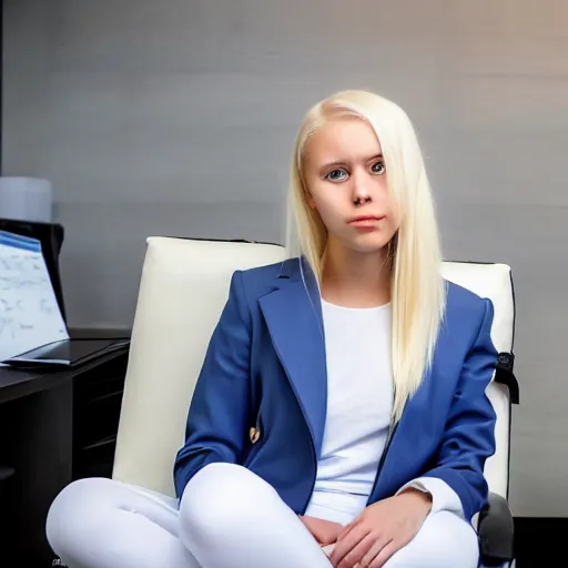 Image similar to 19-year-old Aristocratic platinum-blonde-haired hime-cut blue-eyed French empress wearing white leggings and black jacket, sitting in office, chatting with communist officer, futuristic gadgets, HD photograph