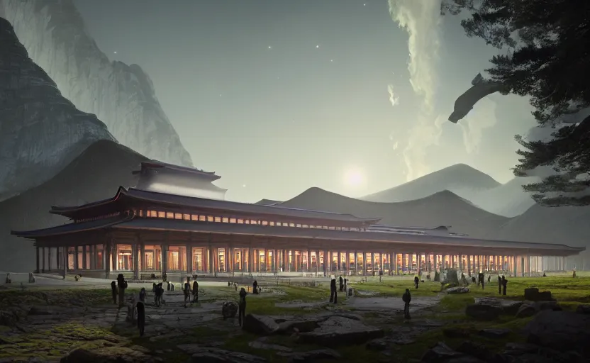 Image similar to exterior shot of utopian train station on in the middle of galaxy temple hill with cinematic lighting by peter zumthor and renzo piano, darek zabrocki and greg ruthkowski, simon stalenhag, cinematic, holy place, paradise, scifi, futurism, atmospheric, concept art, artstation, trending on artstation