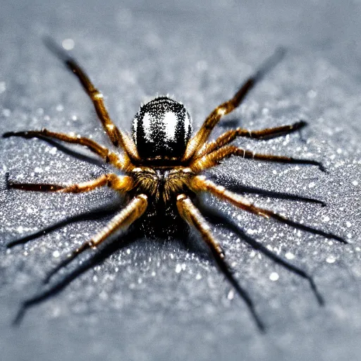 Image similar to a micro photo of spider with tiny crystal glow all over his legs, amazing lighting, hyper realistic