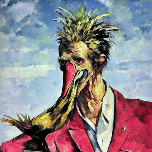 Prompt: shredded physique feathered tall neck beak Portrait of Samuel Beckett camouflaged as Flamingo whilst wearing a pink tuxedo Standing atop a Garbage Truck Greg Rutkowski Vik Muniz Paul Cezanne Andrew Wyeth Dan Witz