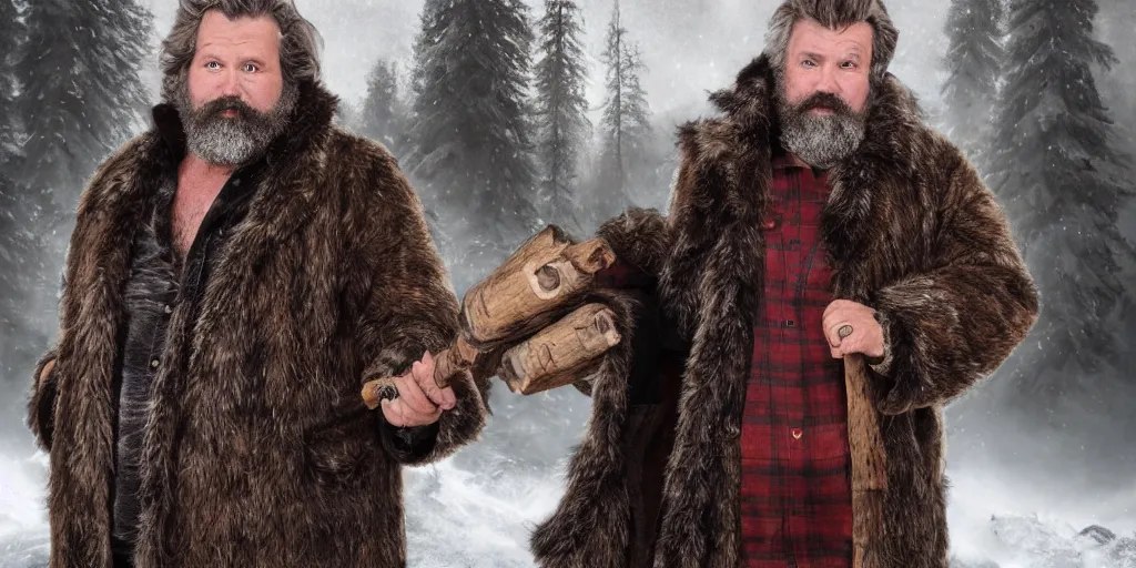 Image similar to high quality matte painting of a fantasy middle - aged burly lumberjack with a beard, dark hair, wearing a fur coat